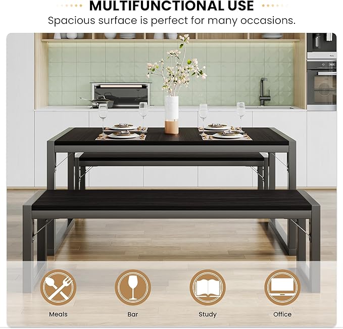 SHA CERLIN 3-Piece Dining Table Set with 2 Benches, Rustic Kitchen Table Set for 4-6, Space-Saving Dinette, Sturdy Structure, Easy Assemble, Black/Grey - LeafyLoom