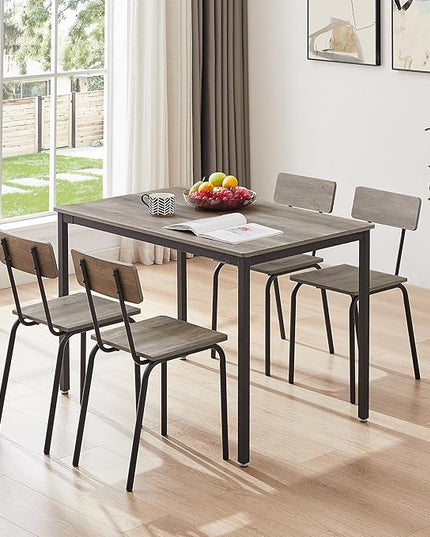 Dining Table Set for 4, 5-Piece Set Industrial Metal Wood 43.3" Kitchen Dining Table with 4 Dining Chairs, Indoor Modern Furniture Set for Dining Room, Dinette, Breakfast Nook, Grey - LeafyLoom