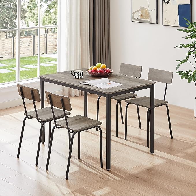 Dining Table Set for 4, 5-Piece Set Industrial Metal Wood 43.3" Kitchen Dining Table with 4 Dining Chairs, Indoor Modern Furniture Set for Dining Room, Dinette, Breakfast Nook, Grey - LeafyLoom