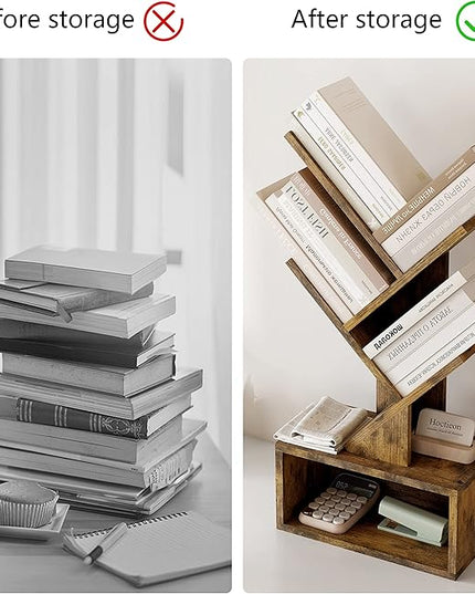 Hoctieon 3 Tier Tree Bookshelf, Small Bookcase with Drawer, Desktop Book Shelf, Display Floor Standing Storage Shelf, Book Organizer Shelves for Home Office, Rustic Brown - LeafyLoom