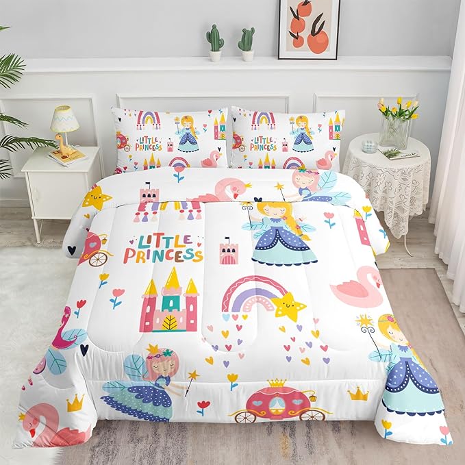 Datura home Girls Bedding Comforter Set Little Princess and Rainbow Castle Printed Pattern Quilt Bedding Set with 1 Comforter and 2 Pillowcases for Girls Bedroom All Season(Princess Twin) - LeafyLoom