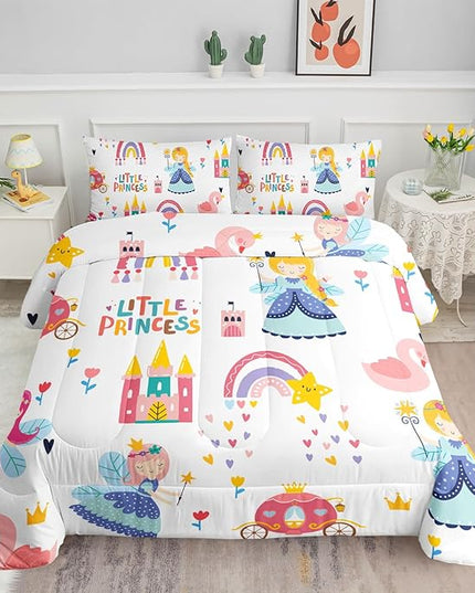 Datura home Girls Bedding Comforter Set Little Princess and Rainbow Castle Printed Pattern Quilt Bedding Set with 1 Comforter and 2 Pillowcases for Girls Bedroom All Season(Princess Full)80x90in - LeafyLoom