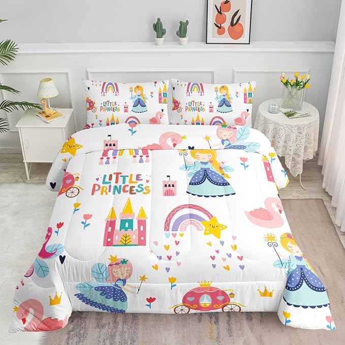 Datura home Girls Bedding Comforter Set Little Princess and Rainbow Castle Printed Pattern Quilt Bedding Set with 1 Comforter and 2 Pillowcases for Girls Bedroom All Season(Princess Full)80x90in - LeafyLoom