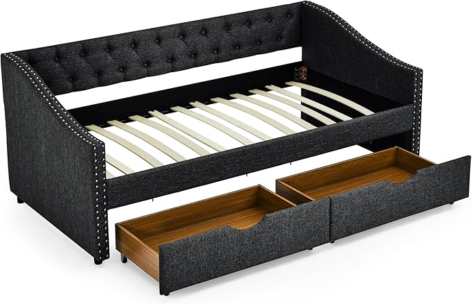 Twin Size Daybed with Two Storage Drawers, Linen Upholstered Tufted Sofa Bed w/Button on Back and Copper Nail on Waved Shape Arms, for Bedroom Living Room, No Box Spring Needed, Dark Grey - LeafyLoom
