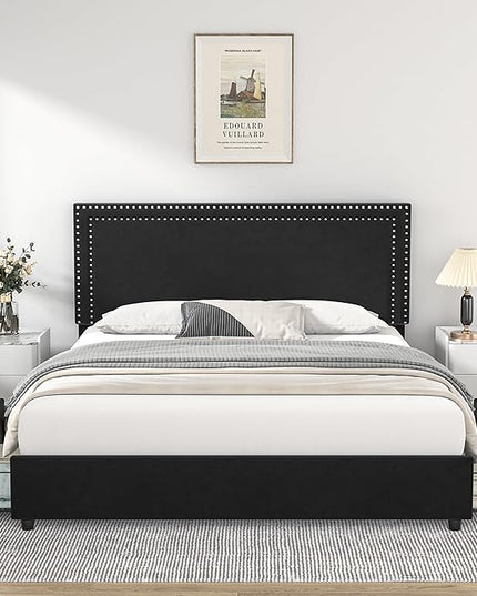 VECELO Queen Size Upholstered Platform Bed Frame with 4 Storage Drawers, Adjustable Velvet Rivets Headboard, Wooden Slats Support, No Box Spring Needed, Easy Assembly - LeafyLoom