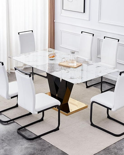 Modern Dining Chairs Set of 6,High Back Kitchen Chairs,Side Room Chair with Black Powder Coating Metal Legs,Easy to Clean Upholstered Dining Chairs,Ideal for Living Room(White Chairs) - LeafyLoom