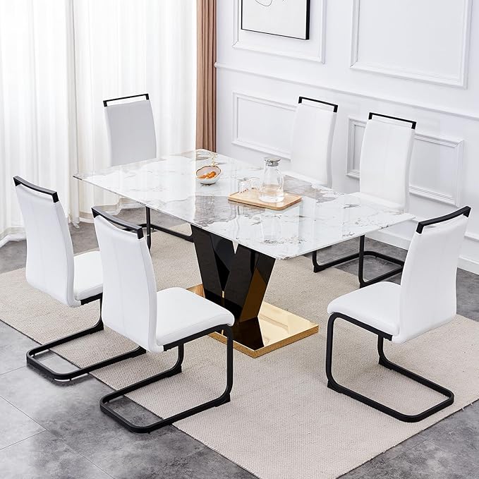 Modern Dining Chairs Set of 6,High Back Kitchen Chairs,Side Room Chair with Black Powder Coating Metal Legs,Easy to Clean Upholstered Dining Chairs,Ideal for Living Room(White Chairs) - LeafyLoom