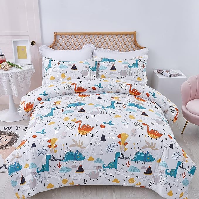 JSD Dinosaur Kids Comforter Set for Boys Girls, 3 Pieces Full Microfiber Comforter with Pillow Sham, Soft Comfortable Machine Washable - LeafyLoom