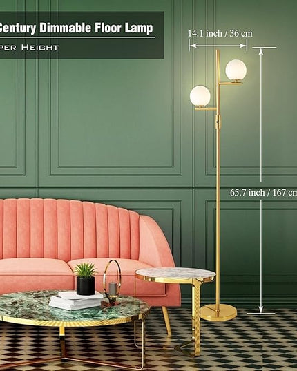 Dimming Floor Lamp with 2 Sphere Frosted Glass Globes,Mid-Century Gold Standing Lamp for Living Room, Bedroom, Office(Gold) - LeafyLoom