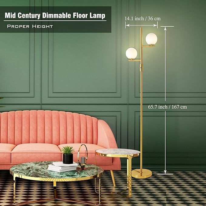 Dimming Floor Lamp with 2 Sphere Frosted Glass Globes,Mid-Century Gold Standing Lamp for Living Room, Bedroom, Office(Gold) - LeafyLoom
