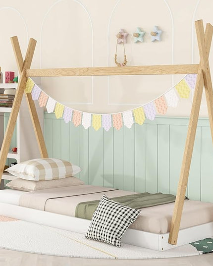 Bellemave Twin Size Tent Floor Bed Frame with Triangle Structure, Teepee Bed Platform Bed for Kids,Montessori Floor Bed for Girls Boys(Twin,White+Natural) - LeafyLoom