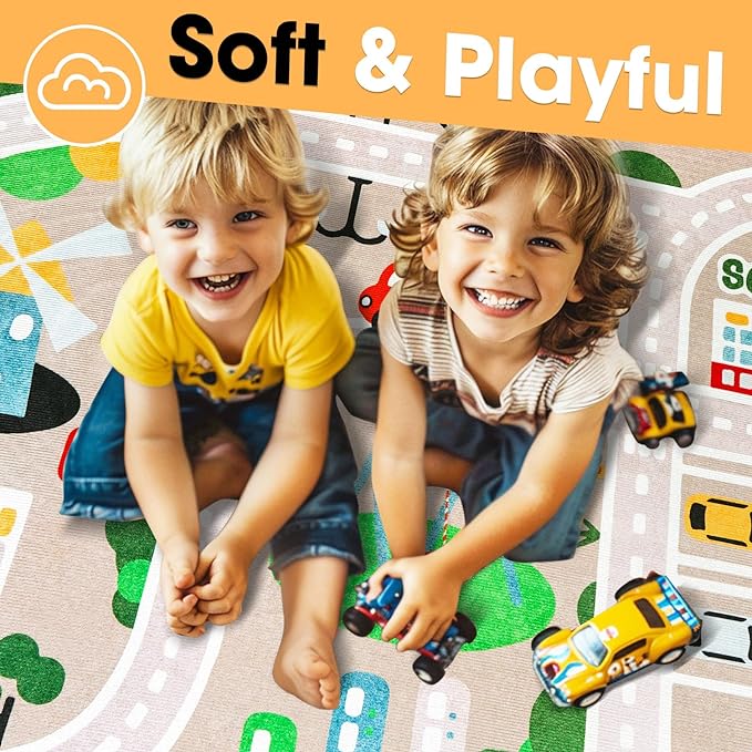 Kid Rug Carpet Playmat for Toy Cars and Train，Play Area Rug with Rubber Backing，Fun Throw Rug，Ideal Gift for Children Baby Bedroom Play Room(100×160cm/39×63in) - LeafyLoom