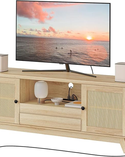 HOOBRO Rattan TV Stand for up to 65 inches TV, Large Boho Media TV Console with Charging Station, Mid Century Entertainment Center with Drawer and Adjustable Shelves for Living Room, Natural NL24UDS01 - LeafyLoom