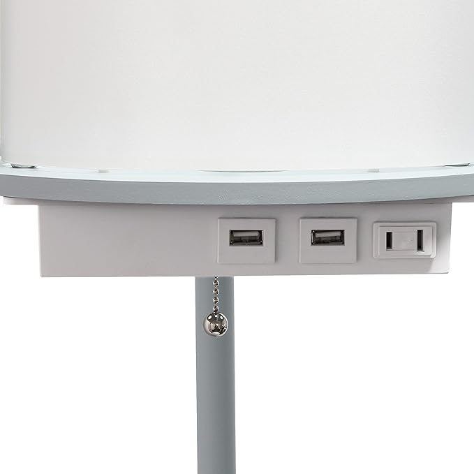 Simple Designs LF2010-GRY 62.5" Round Modern Shelf Etagere Organizer Storage Floor Lamp with 2 USB Charging Ports, 1 Charging Outlet and Linen Shade for Living Room Bedroom, Gray, 11.5 x 11.5 x 62.5 - LeafyLoom