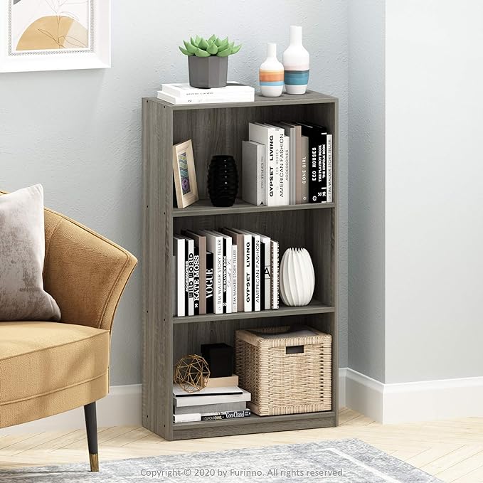 Furinno Basic 3-Tier Bookcase Storage Shelves, French Oak Grey - LeafyLoom