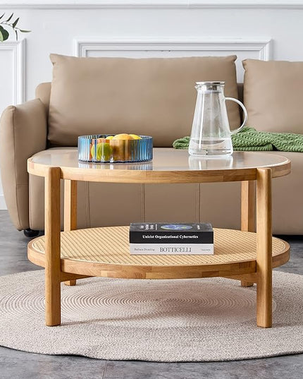 NicBex Dining Table Round Kitchen Table Contemporary Modern Minimalist Circular Double-Layer Solid Wood Coffee Table, Craft Glass Tabletop, Rattan, Solid Wood Frame, Natural Wood - LeafyLoom