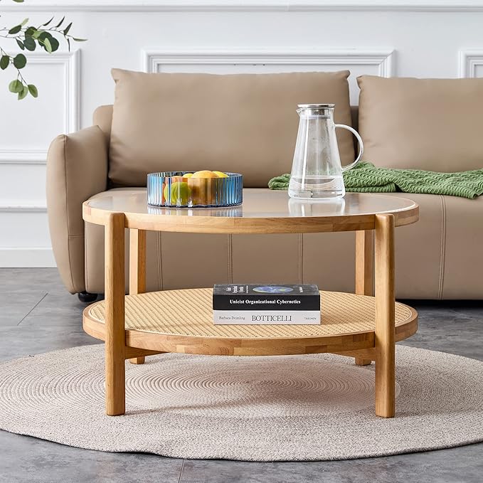NicBex Dining Table Round Kitchen Table Contemporary Modern Minimalist Circular Double-Layer Solid Wood Coffee Table, Craft Glass Tabletop, Rattan, Solid Wood Frame, Natural Wood - LeafyLoom