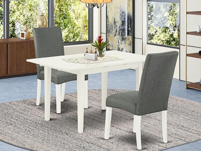 East West Furniture Norfolk 3 Piece Kitchen Set Contains a Rectangle Dining Room Table with Butterfly Leaf and 2 Gray Fabric Parsons Chairs, 32x54 Inch, Linen White - LeafyLoom