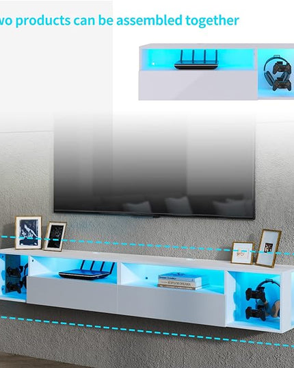 DlandHome Floating TV Stand with LED Light, 39.3’’ Wall-Mounted Media Console, Floating Shelf for Under TV Wall Mount with Storage Shelf for Bedroom Living Room, White - LeafyLoom