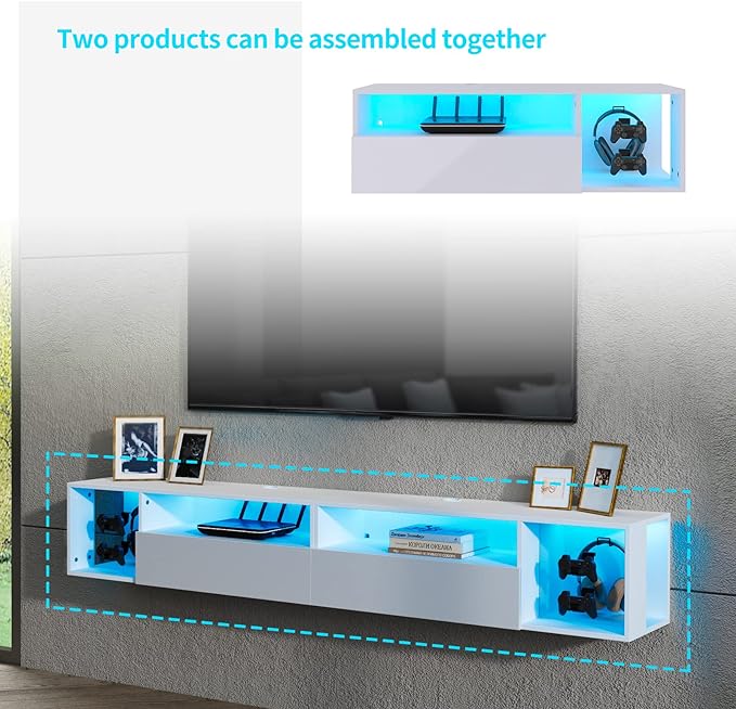 DlandHome Floating TV Stand with LED Light, 39.3’’ Wall-Mounted Media Console, Floating Shelf for Under TV Wall Mount with Storage Shelf for Bedroom Living Room, White - LeafyLoom