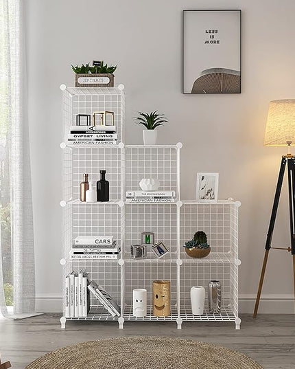 Wolizom Wire Cube Storage, Metal Grids Shelves Bookshelf, Stackable Modular Shelving Organizer, DIY Closet Bookcase Bookshelf, Grid Storage Shelf for Bedroom, Living Room, Office (White, 9 Cube) - LeafyLoom