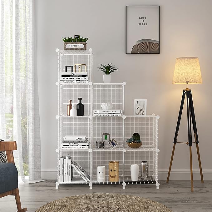 Wolizom Wire Cube Storage, Metal Grids Shelves Bookshelf, Stackable Modular Shelving Organizer, DIY Closet Bookcase Bookshelf, Grid Storage Shelf for Bedroom, Living Room, Office (White, 9 Cube) - LeafyLoom