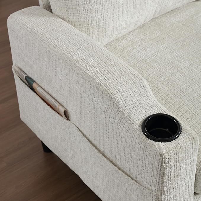 77.36" Modern Chenelle Polyester Sectional Sofa,L-Shaped Couch with Storage Ottoman,3 Seat Interior Furniture W/Pockets and Both Armrests Contain Cup Holders,for Dorm,Apartment,Studio,Beige - LeafyLoom