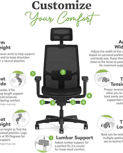 HON Ignition 2.0 Ergonomic Mesh Office Chair with Headrest - High Back Computer Desk Chair Adjustable Lumbar Support, Armrests, Seat-Depth, Synchro-Tilt Recline, 360 Swivel Rolling Wheels – Black - LeafyLoom