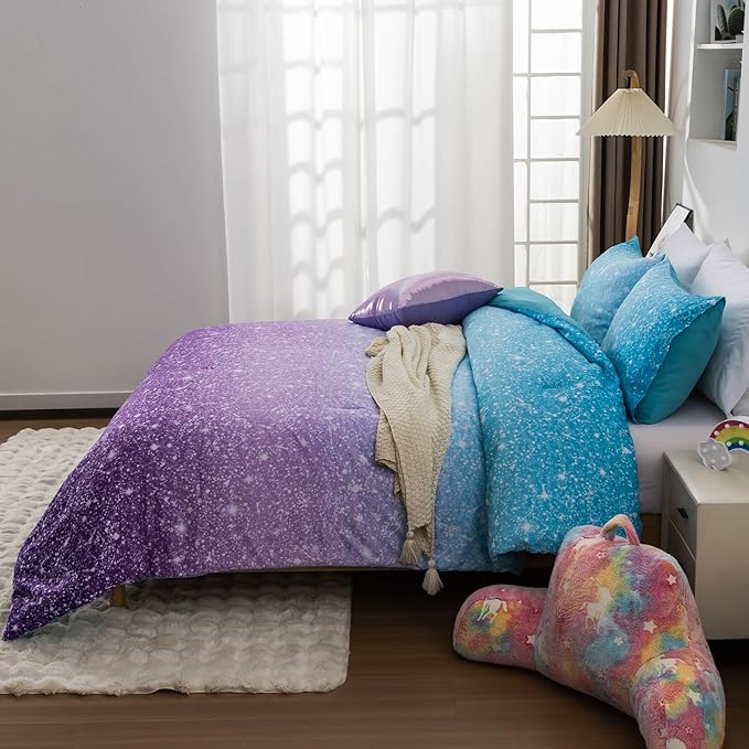 Holawakaka Kids Space Star Glitter Comforter Set Queen Size Girls Ombre Blue & Purple Print Gradient Teens Bedding Set Teens Galaxy Bed Sets (Blue Purple, Queen) - LeafyLoom