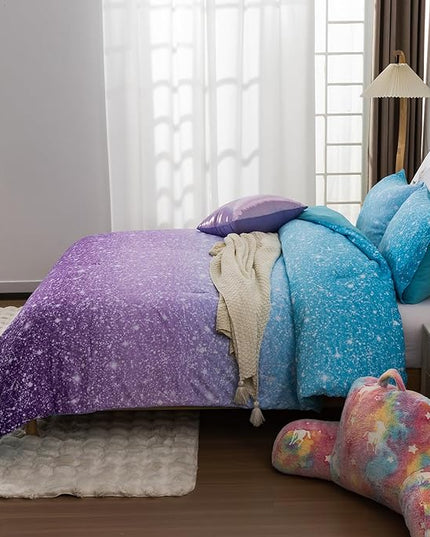 Holawakaka Kids Space Star Glitter Comforter Set Queen Size Girls Ombre Blue & Purple Print Gradient Teens Bedding Set Teens Galaxy Bed Sets (Blue purple, Full) - LeafyLoom