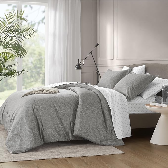 Modern Lightweight Grey Comforter Set King Size Bed, All-Season Luxury Chambray Bedding, Soft and Breathable, Including 1 Comforter and 2 Pillow Shams - LeafyLoom