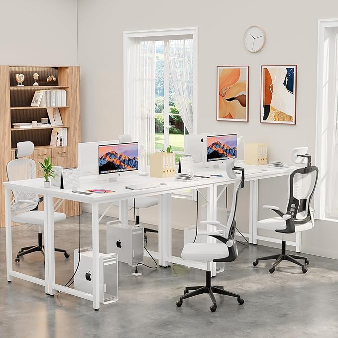 47 Inch Computer Desks with Power Outlets and USB Charging Ports, Modern Office Desk for Small Spaces, Sturdy Laptop PC Gaming Writing Table for Students, Pure White - LeafyLoom