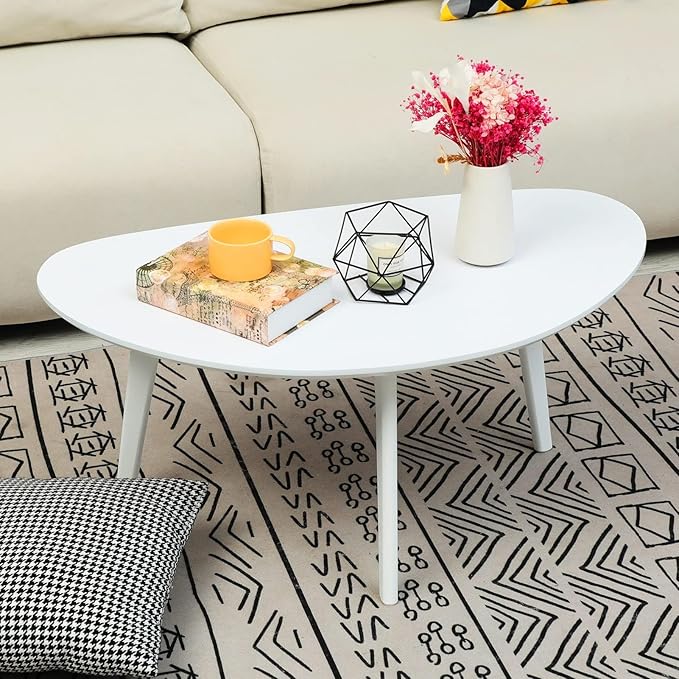 FIRMINANA Small White Oval Coffee Table for Small Space,Simple Modern Table for Small Apartment or Livingroom Corner,White,18.9" D x 33.47" W x 15.75" H - LeafyLoom