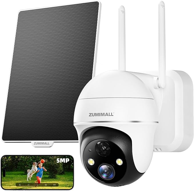 ZUMIMALL 5MP Security Cameras Wireless Outdoor, Solar Security Camera Outdoor with 360° PTZ, Battery Powered Camera for Home Security Outside, Color Night Vision/2.4G WiFi/2-Way Talk/IP66/AI Detection ZUMIMALL