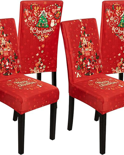 4PCS Christmas Dining Chair Covers, Stretch Removable Washable Dining Room Chair Protector Slipcovers, Xmas Tree Heart Kitchen Chair Cover, Slipcover Protector for Xmas Holiday Party Home Décor CZL