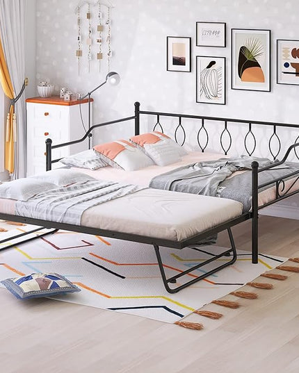 Full Daybed with Trundle, Metal Day Bed with Pull Out Trundle, Sofa Bed with Twin Size Portable Folding Trundle, Bed Frame for Bedroom, Living Room, Guest Room, Home, No Box Spring Needed, Black - LeafyLoom