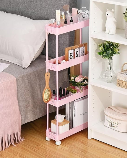 TOOLF Slim Rolling Storage Cart, 4 Tier Utility Cart on Wheels, Mobile Shelving Unit with Hooks for Narrow Space, Rolling Organizer for Bathroom Laundry Kitchen Dorm for Craft Makeup Diaper, Pink - LeafyLoom