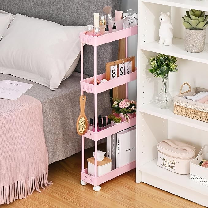 TOOLF Slim Rolling Storage Cart, 4 Tier Utility Cart on Wheels, Mobile Shelving Unit with Hooks for Narrow Space, Rolling Organizer for Bathroom Laundry Kitchen Dorm for Craft Makeup Diaper, Pink - LeafyLoom