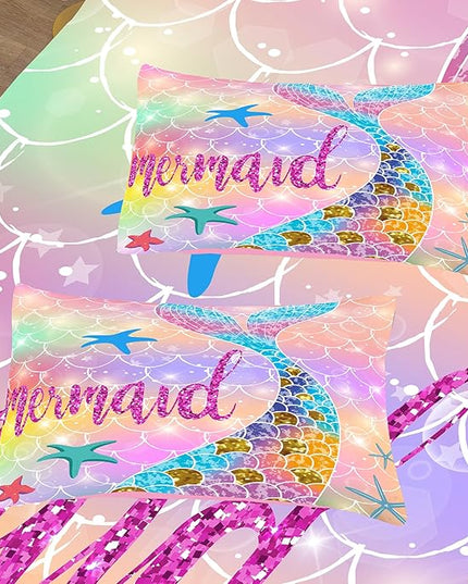 NINENINE Mermaid Comforter 5PCS Full Size Bedding Sets for Girls, Princess Comforter Sets for Girls, Glitter Bedding Set for Girls (1Comforter, 1Flat Sheet, 1Fitted Sheet, 2Pillowcases) - LeafyLoom