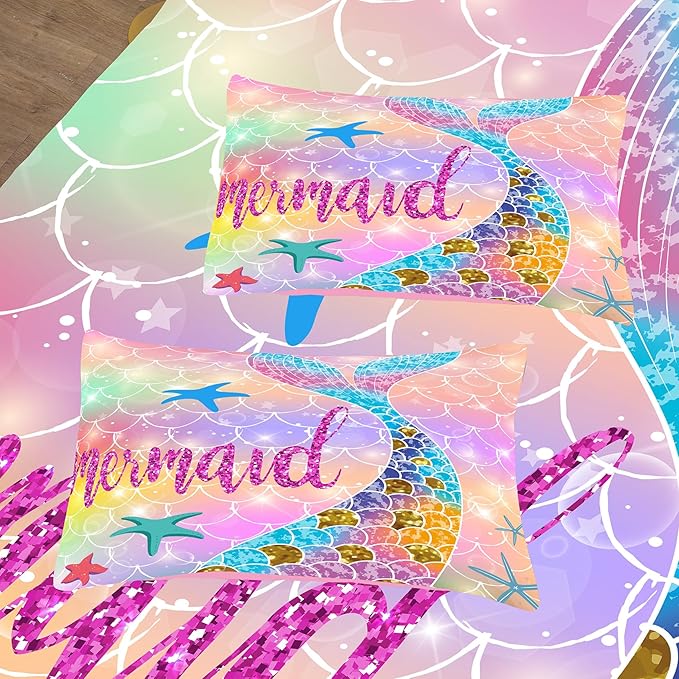 NINENINE Mermaid Comforter 5PCS Full Size Bedding Sets for Girls, Princess Comforter Sets for Girls, Glitter Bedding Set for Girls (1Comforter, 1Flat Sheet, 1Fitted Sheet, 2Pillowcases) - LeafyLoom