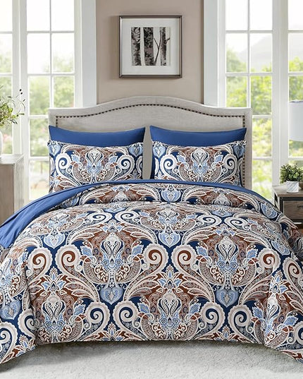 Yiran Blue Paisley Comforter Set Queen 7 Pieces Bed in a Bag Boho Comforter Lightweight Microfiber Reversible Bedding Set (1 Comforter, 1 Flat Sheet, 1 Fitted Sheet, 2 Pillowcases, 2 Pillow Shams) - LeafyLoom