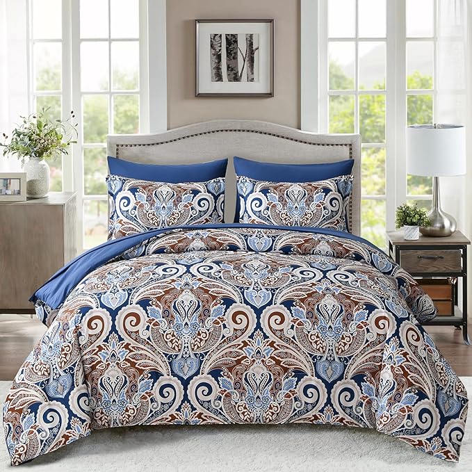 Yiran Blue Paisley Comforter Set Queen 7 Pieces Bed in a Bag Boho Comforter Lightweight Microfiber Reversible Bedding Set (1 Comforter, 1 Flat Sheet, 1 Fitted Sheet, 2 Pillowcases, 2 Pillow Shams) - LeafyLoom