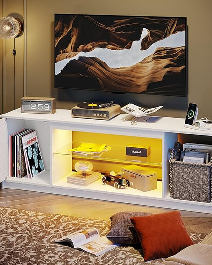Bestier LED TV Stand with Power Outlets for 55/60/65 Inch TV, Gaming Entertainment Center with Cabinet for PS5, Modern TV Cabinet with Adjustable Glass Shelves for Bedroom 58 Inch Carbon Fiber White - LeafyLoom