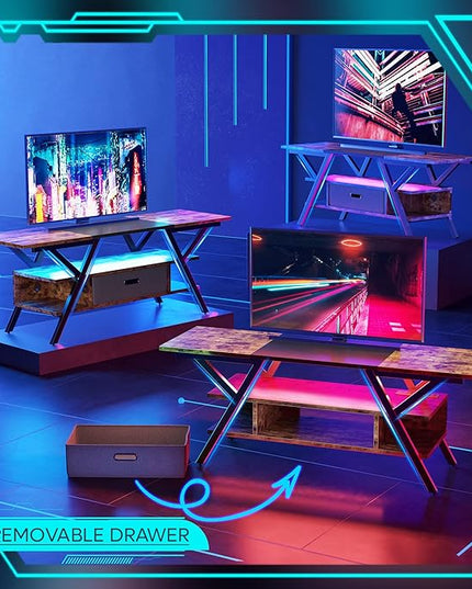 Bestier TV Stand for Living Room, LED Entertainment Center with Power Outlets, Farmhouse TV Stand 55 Inch for TV up to 65 Inch for bedroom, Gaming TV Console Table with Storage, Rustic Brown - LeafyLoom