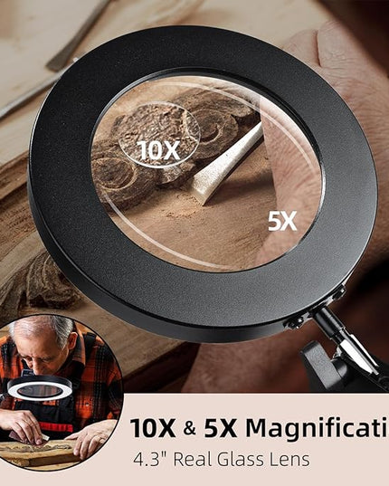Magnifying Glass with Light and Stand, 3-in-1 Gooseneck Arms 3 Color Modes Stepless Dimmable, 10x&5X LED Desktop Magnifier with light Hands Free for Workbench Reading Crafts Painting Hobby Close Work - LeafyLoom