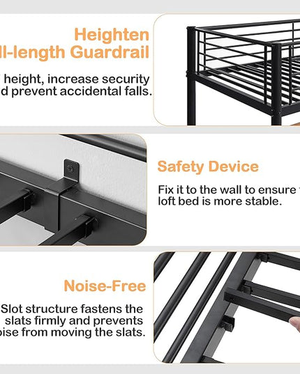 VECELO Metal Loft Bed Twin Size with Desk, Heavy Duty Bedframe with Removable Ladder and Safety Guardrail, Space-Saving, Noise Free, No Box Spring Needed, Black - LeafyLoom