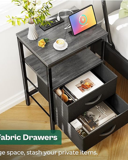Nightstands Set of 2, End Tables with Charging Station, Side Tables with Fabric Drawers, Bedside Tables with USB Ports and Outlets, Night Stands for Bedroom, Charcoal Gray - LeafyLoom