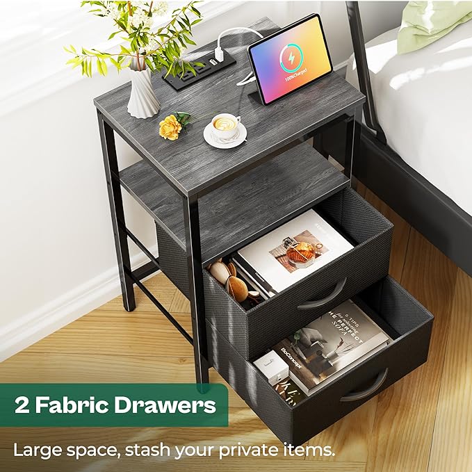 Nightstands Set of 2, End Tables with Charging Station, Side Tables with Fabric Drawers, Bedside Tables with USB Ports and Outlets, Night Stands for Bedroom, Charcoal Gray - LeafyLoom