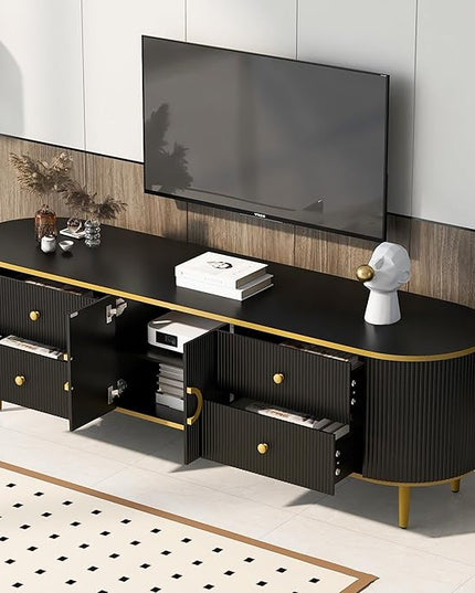 Merax Modern TV Stand for Televisions up to 80 Inches, Entertainment Center with 4 Drawers and 1 Cabinet, Wood Console Table with Metal Legs and Handles for Living Room, 70.9" Length, Black - LeafyLoom