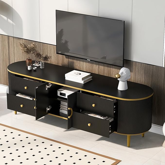 Merax Modern TV Stand for Televisions up to 80 Inches, Entertainment Center with 4 Drawers and 1 Cabinet, Wood Console Table with Metal Legs and Handles for Living Room, 70.9" Length, Black - LeafyLoom